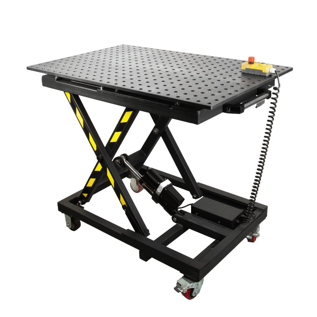 Masă de sudură cu ridicare electro-hidraulică 230V, 1200 x 750 mm sistem 16 mm, Rhino Cart TDESL12075